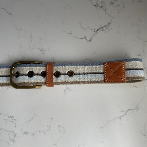 Eddie Bauer Outfitter Stripe Textile Belt Brass Buckle Leather Trim 34"-38" - Picture 9 of 10